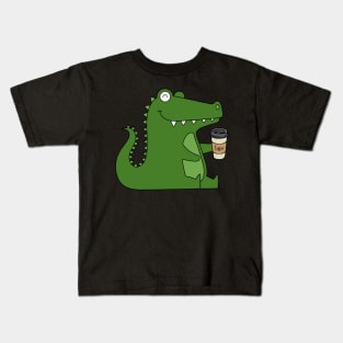 Kawaii Green Crocodile Coffee Addict Kids T-Shirt